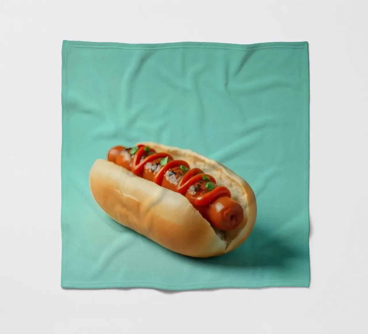 Delicioso perrito caliente cubierto con ketchup y hierbas colocado en un manta de franela de DesignDoodle