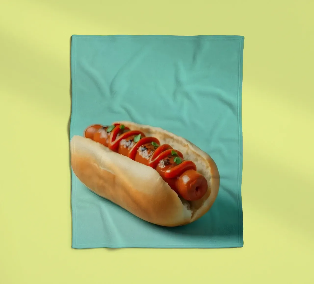 Delicioso perrito caliente cubierto con ketchup y hierbas colocado en un manta de franela de DesignDoodle