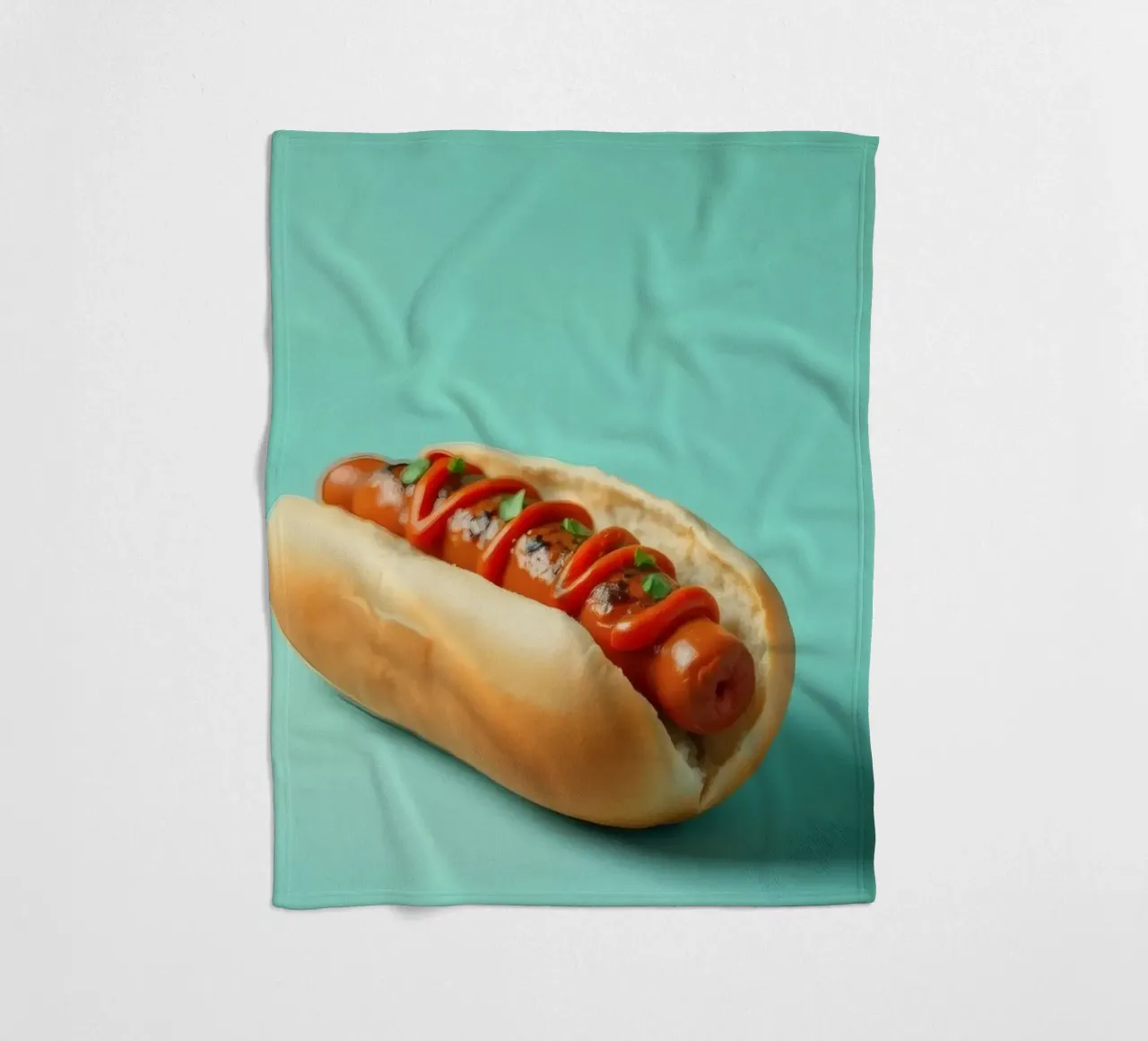 Delicioso perrito caliente cubierto con ketchup y hierbas colocado en un manta de franela de DesignDoodle