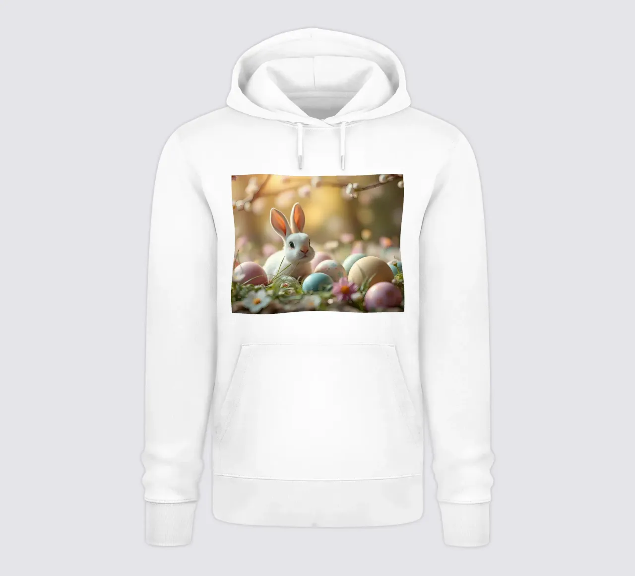 Simpatico coniglio circondato da uova di Pasqua colorate in un giardino fiorito. felpa con cappuccio da DesignDoodle