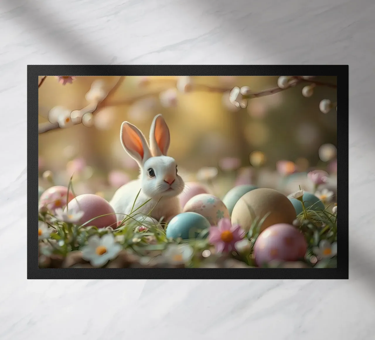 Simpatico coniglio circondato da uova di Pasqua colorate in un giardino fiorito. zerbino da DesignDoodle