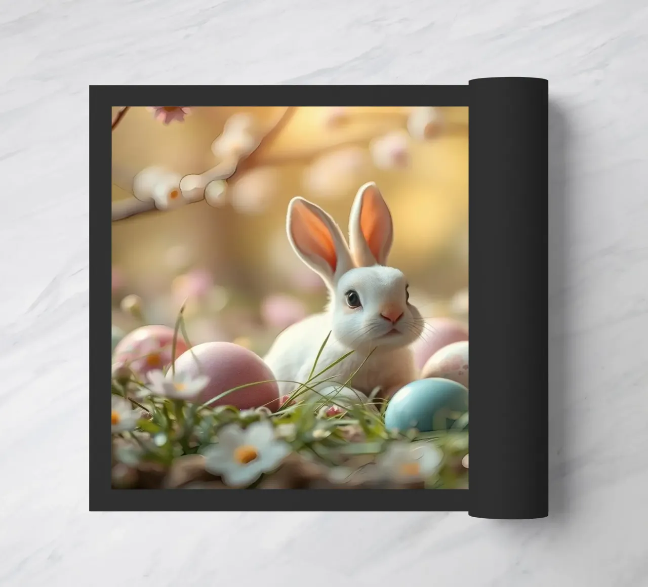 Simpatico coniglio circondato da uova di Pasqua colorate in un giardino fiorito. zerbino da DesignDoodle