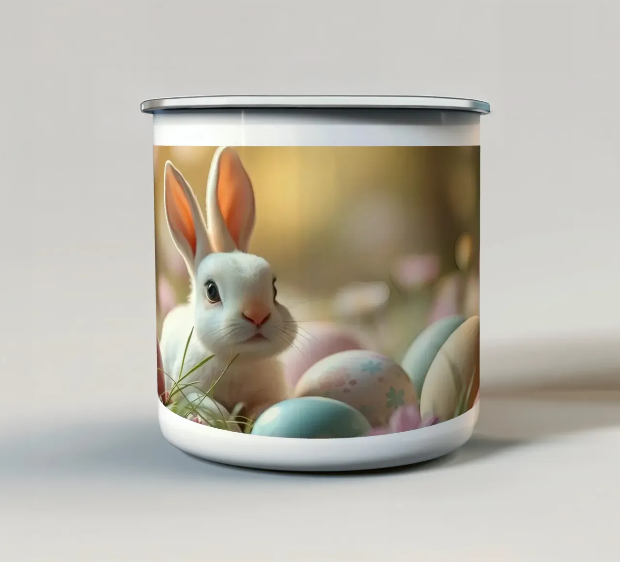 Simpatico coniglio circondato da uova di Pasqua colorate in un giardino fiorito. tazza in smalto da DesignDoodle