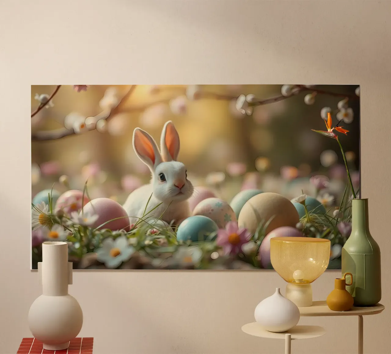 Simpatico coniglio circondato da uova di Pasqua colorate in un giardino fiorito. poster da DesignDoodle