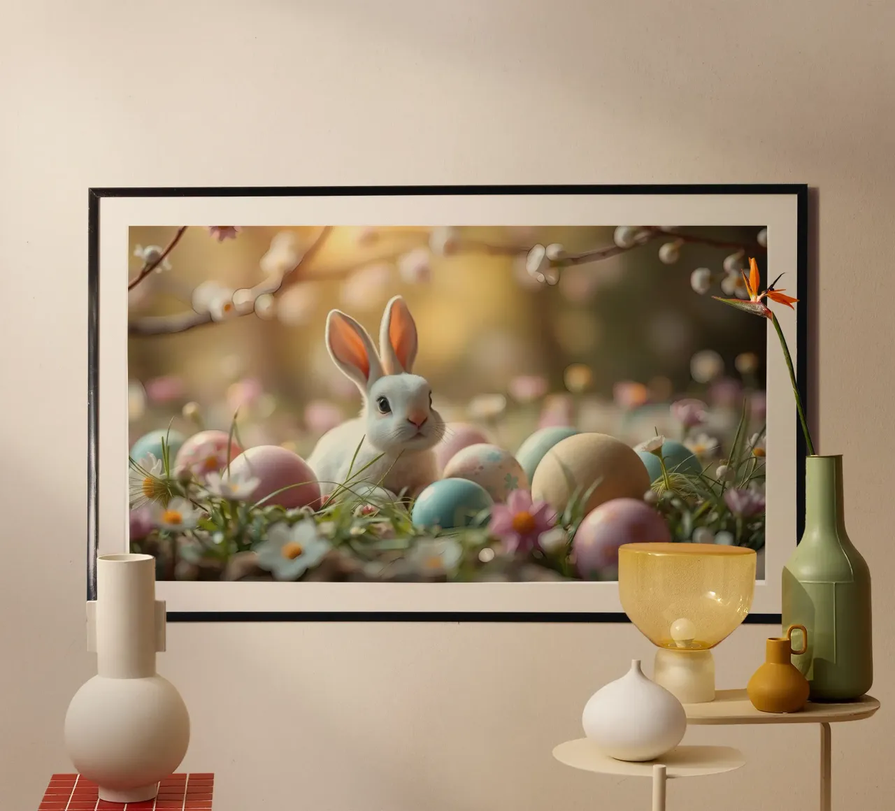 Simpatico coniglio circondato da uova di Pasqua colorate in un giardino fiorito. poster da DesignDoodle