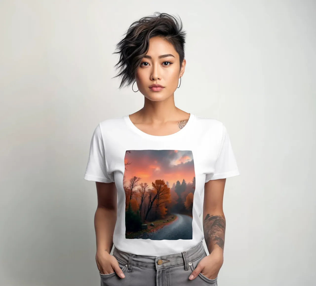 Schöne Herbstlandschaft mit ruhiger kurvenreicher Straße Frauen T-Shirt von DesignDoodle