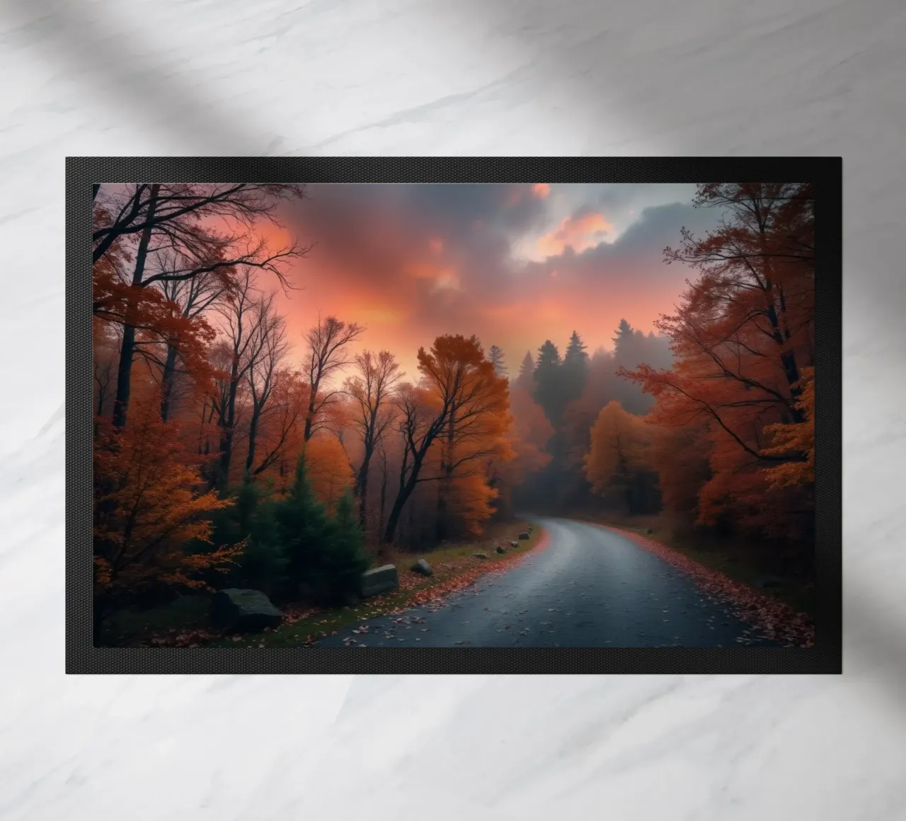 Beautiful autumn landscape with calm winding road doormat by DesignDoodle