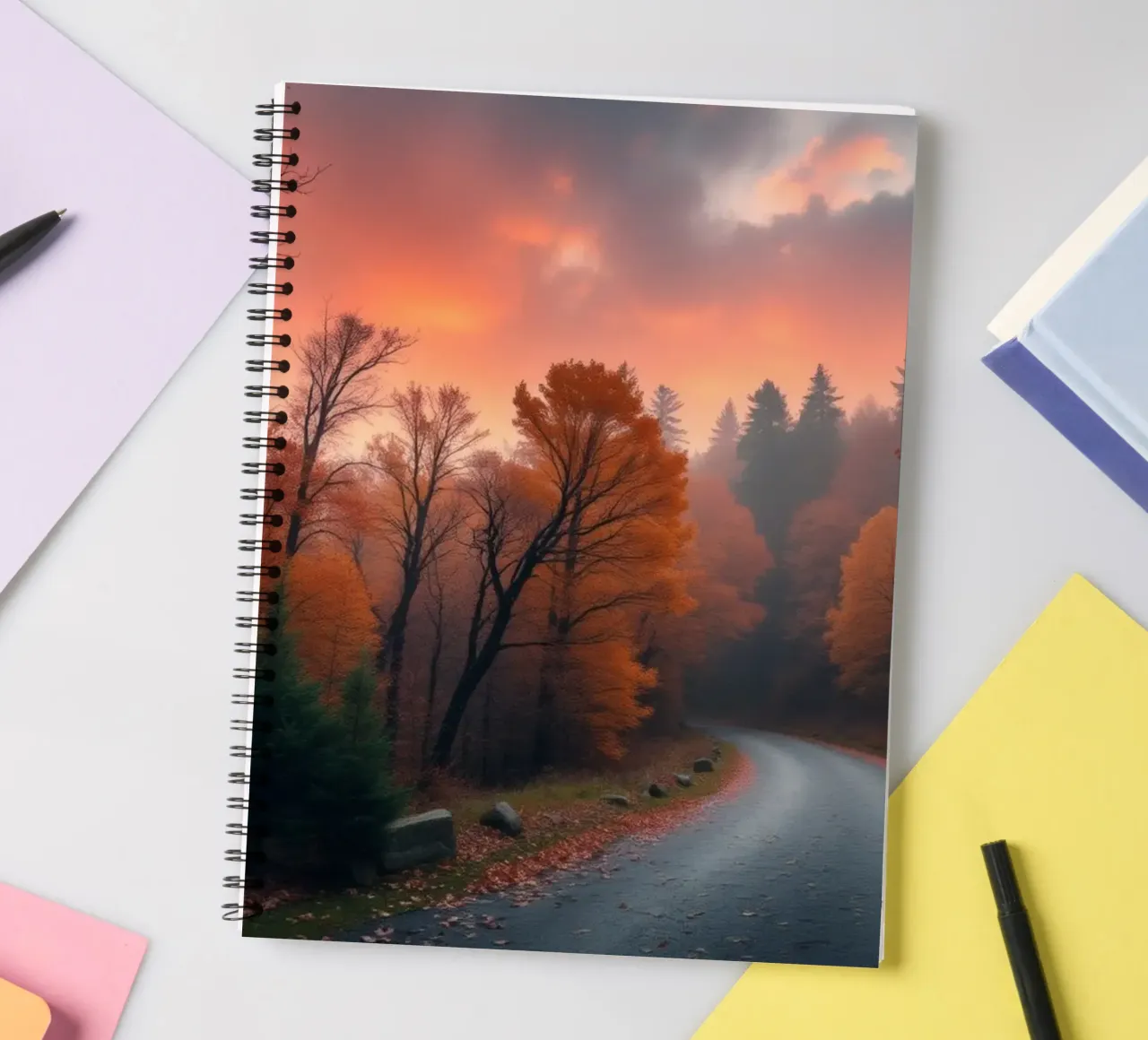 Beautiful autumn landscape with calm winding road spiral notebook by DesignDoodle