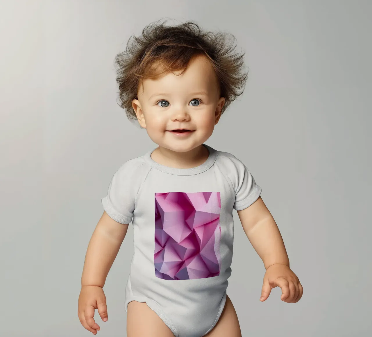 Colorful 3D geometric shapes create an intriguing abstract short-sleeve baby romper by DesignDoodle