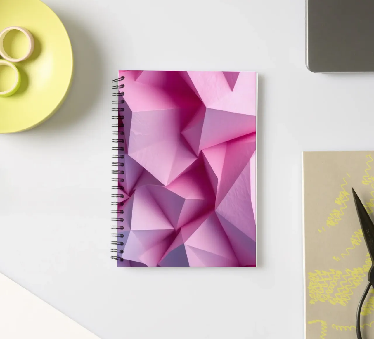 Colorful 3D geometric shapes create an intriguing abstract spiral notebook by DesignDoodle