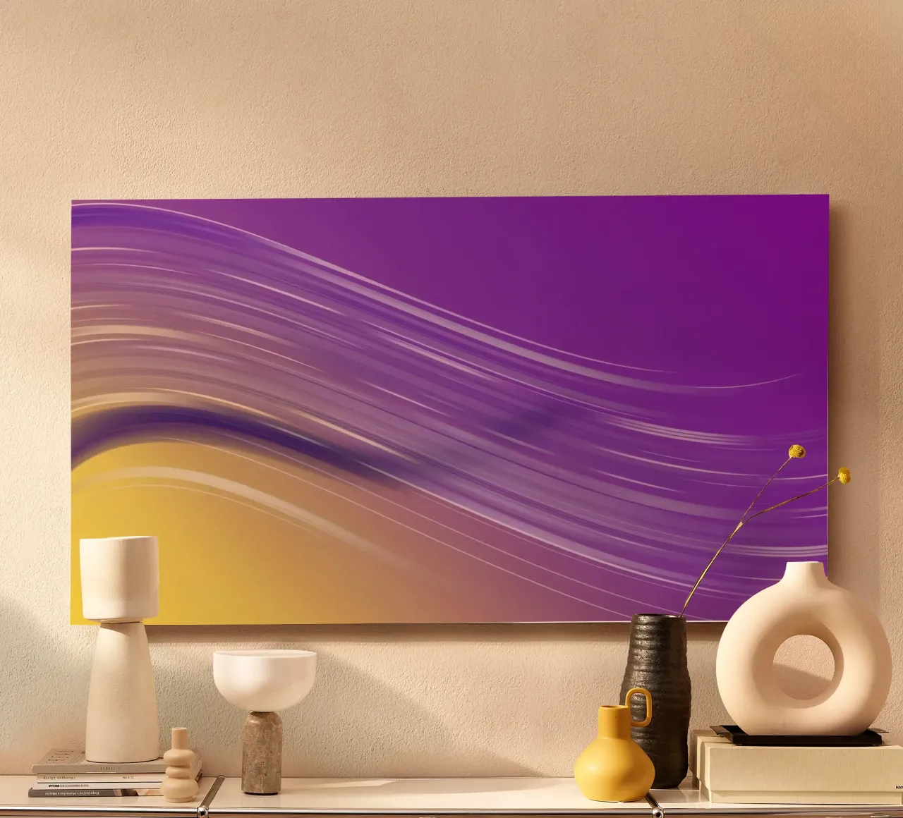 composizione di linee morbide e fluide in viola e giallo alluminio dibond da DesignDoodle