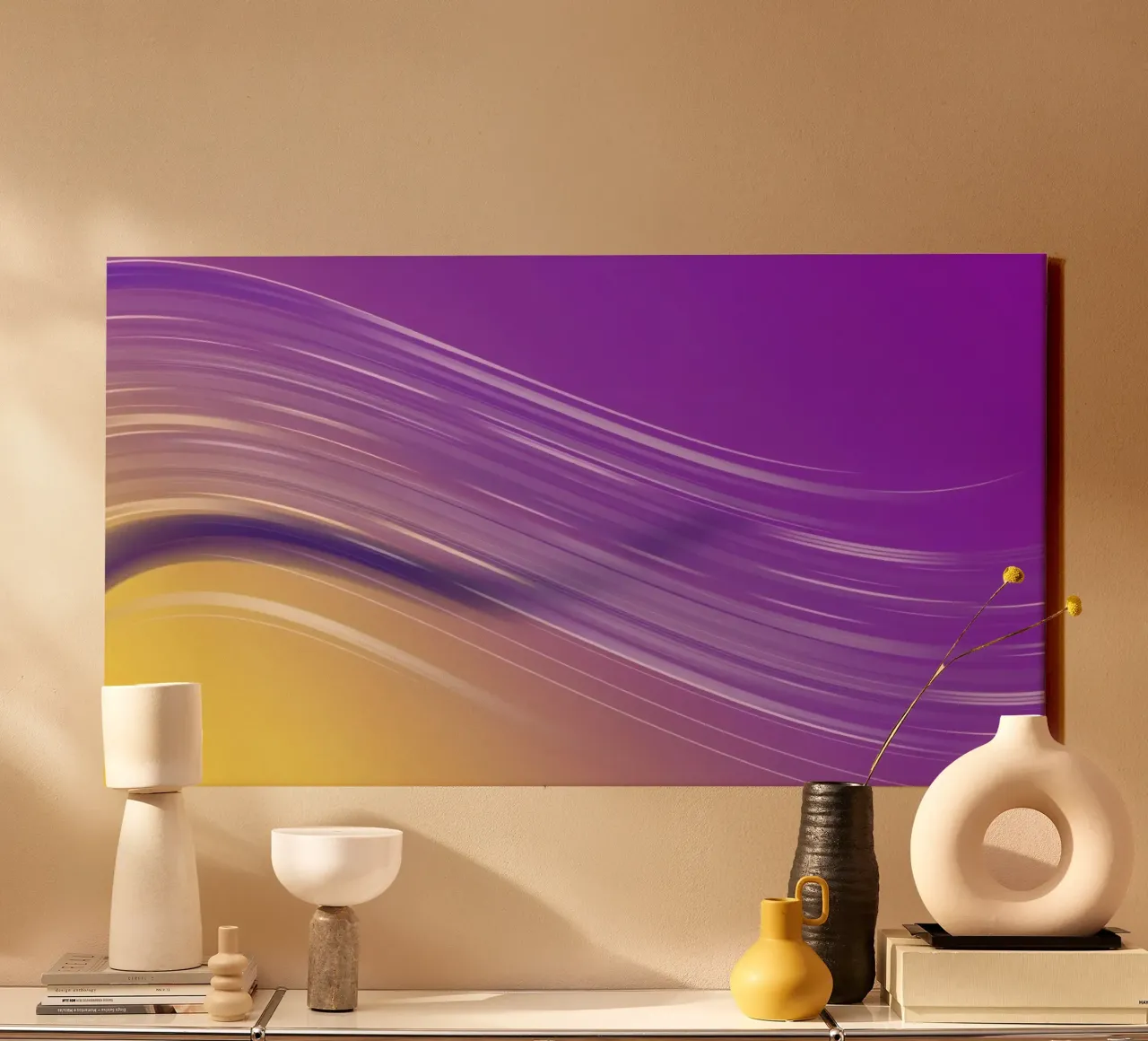 composizione di linee morbide e fluide in viola e giallo tela da DesignDoodle