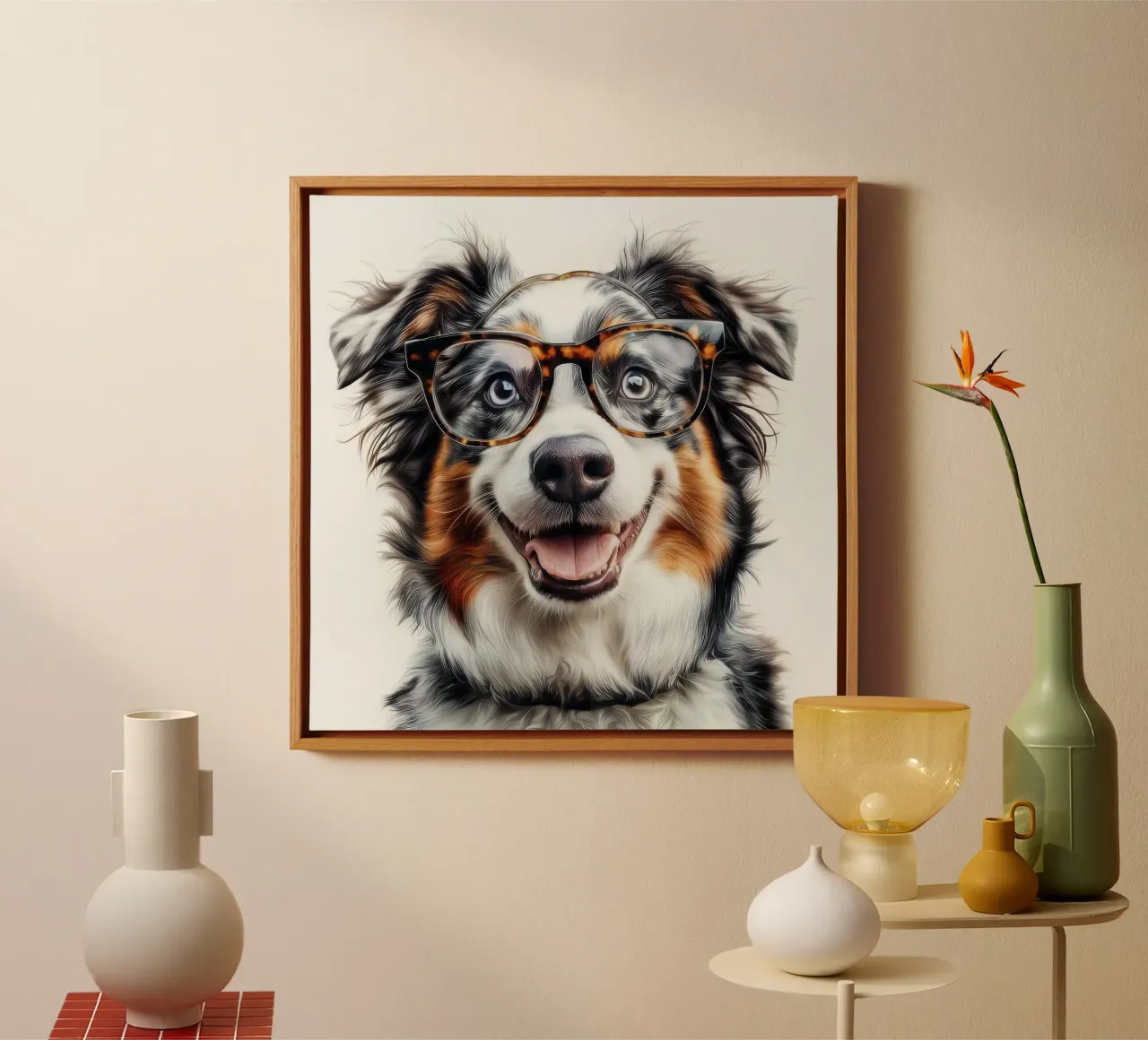 Funny Australian Shepherd in Glasses canvas with Floater frame by Funny Animals