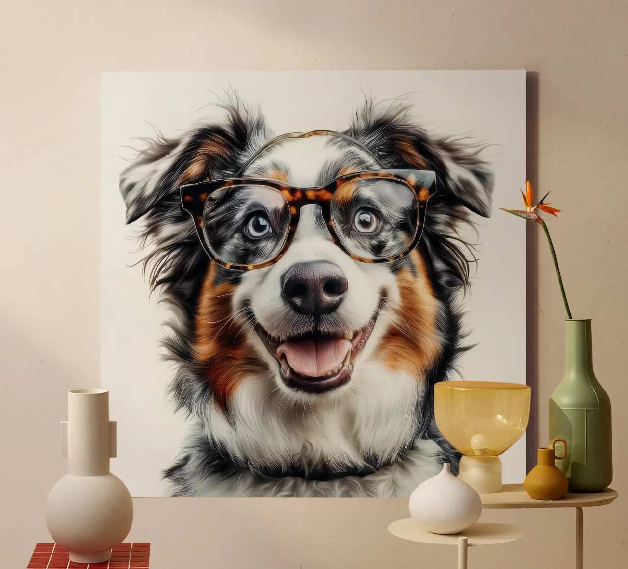 Funny Australian Shepherd in Glasses canvas with Floater frame by Funny Animals