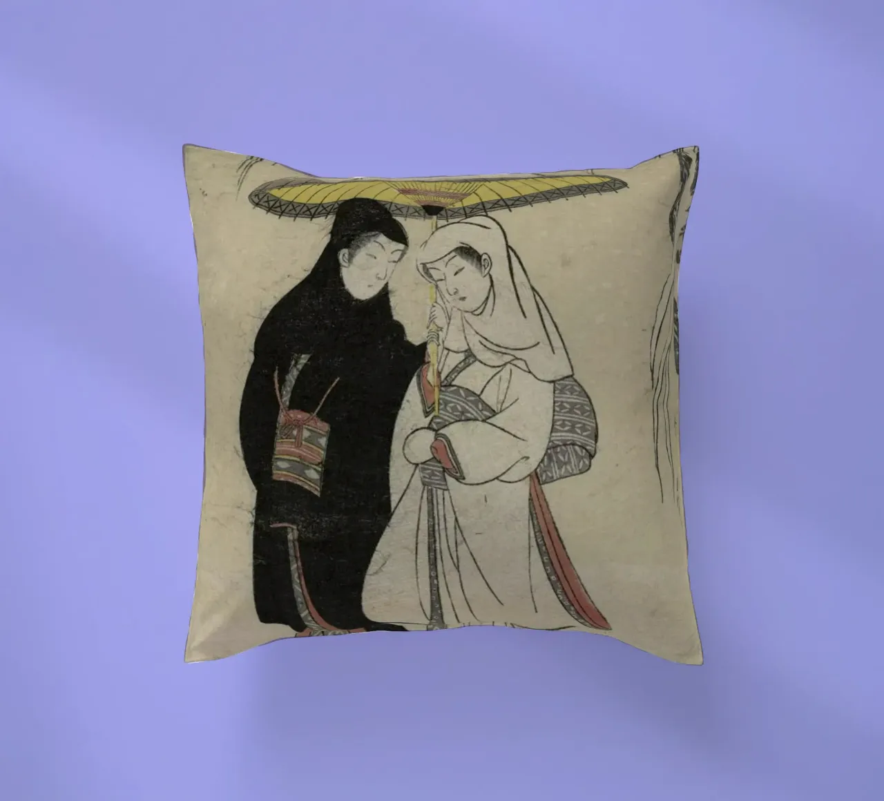 Harunobu - Lovers Under an Umbrella in the Snow cuscino da ARTOTHEK