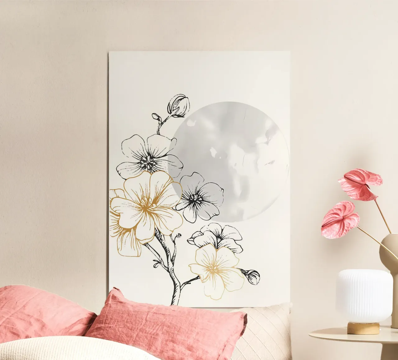 fiori luna rami fiori steli natura poster con telaio in legno da Ashish Kashyap