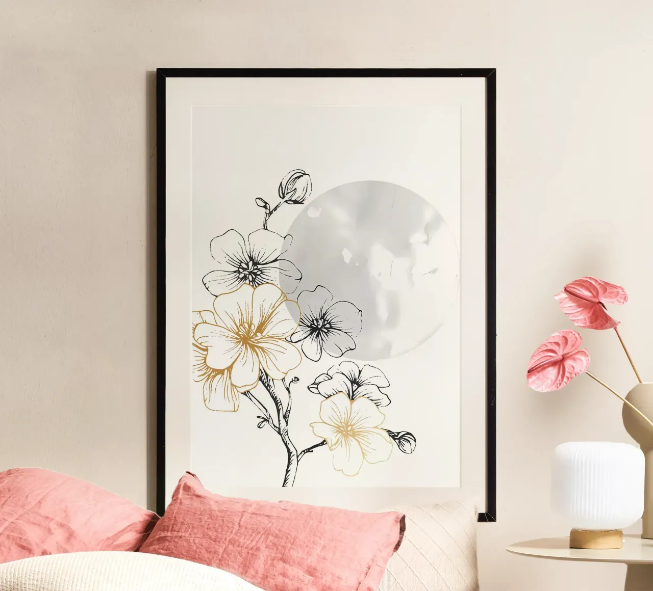 fiori luna rami fiori steli natura poster con telaio in legno da Ashish Kashyap