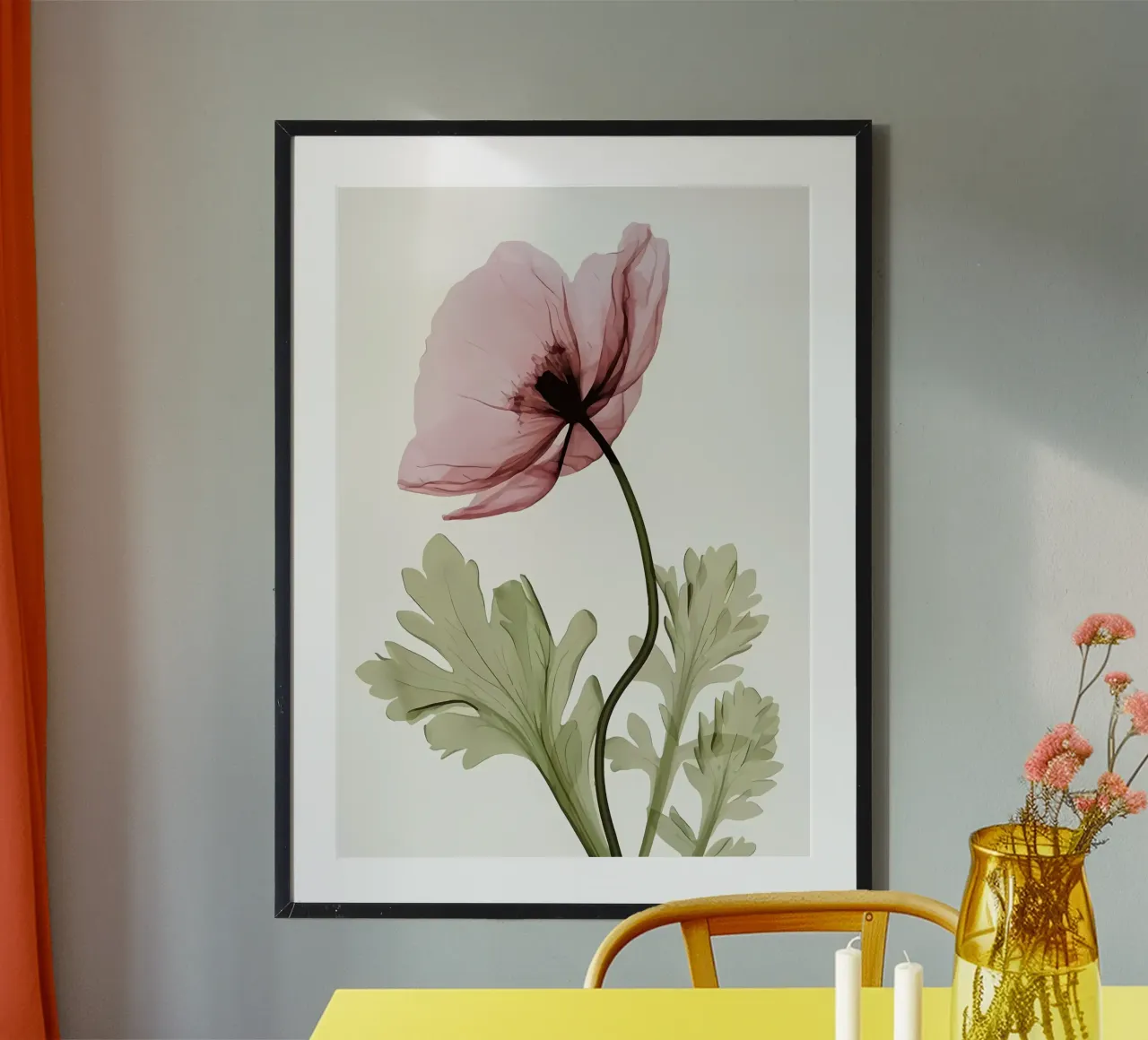 Blume Mohn rosa Blütenblätter grüne Blätter Pflanze Stamm botanisch n Poster von Ashish Kashyap