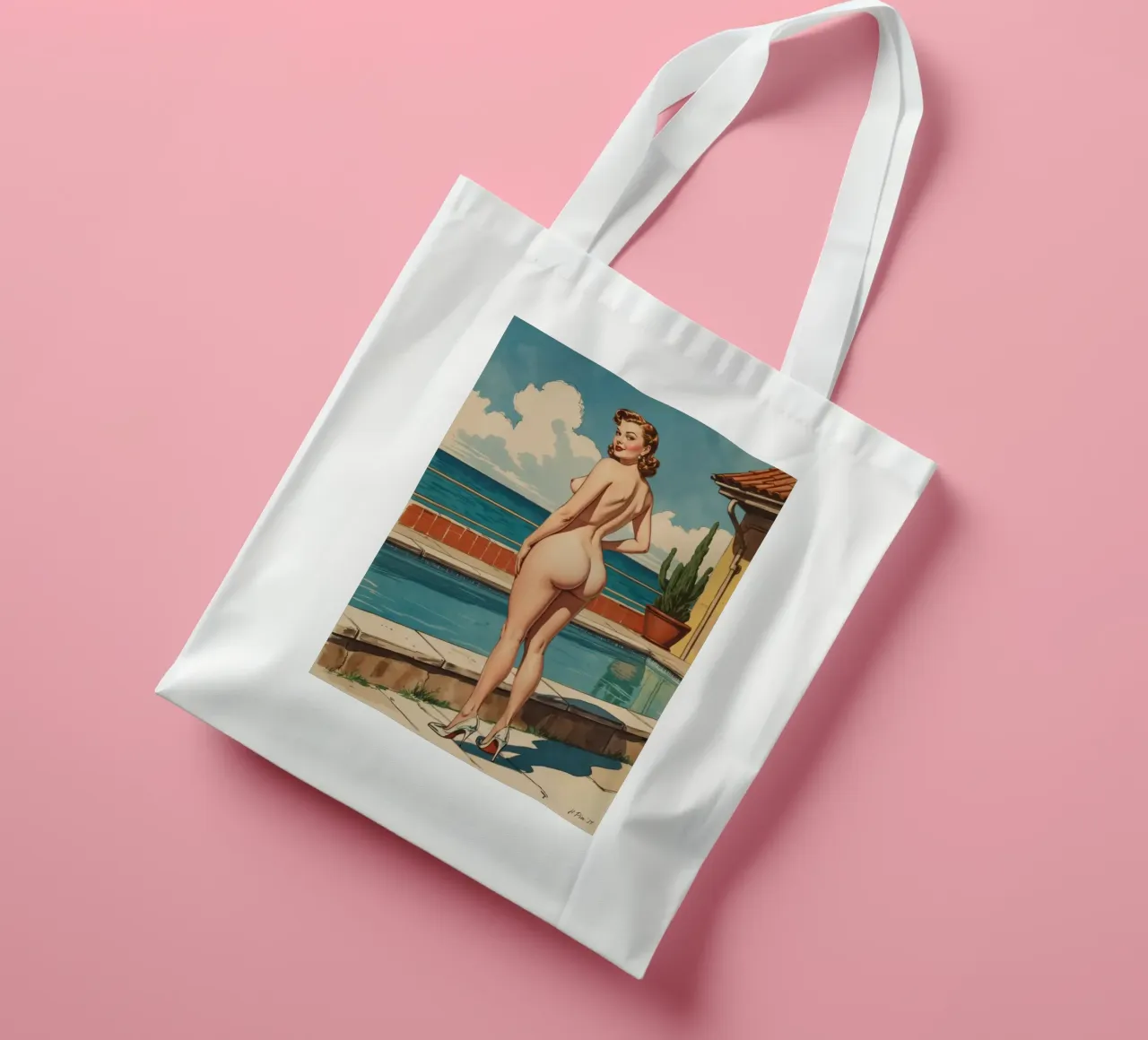 Ora d'oro in Portogallo, illustrazione pin-up d'epoca borsa in juta da Hecate Pim Designs