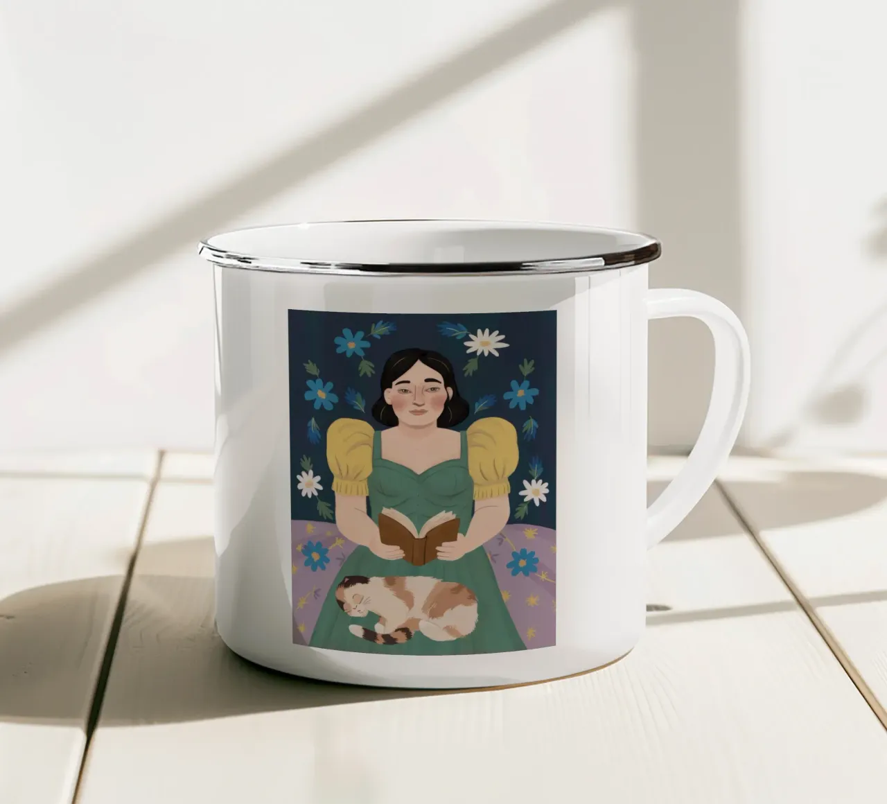 Literarische Feline Repose Emaille Tasse von Lumi Eyes