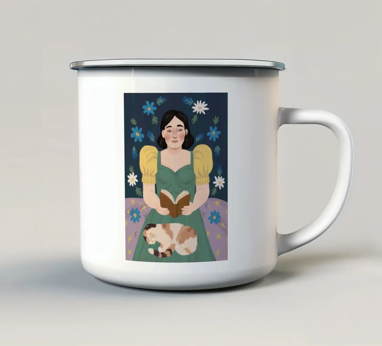 Literarische Feline Repose Emaille Tasse von Lumi Eyes