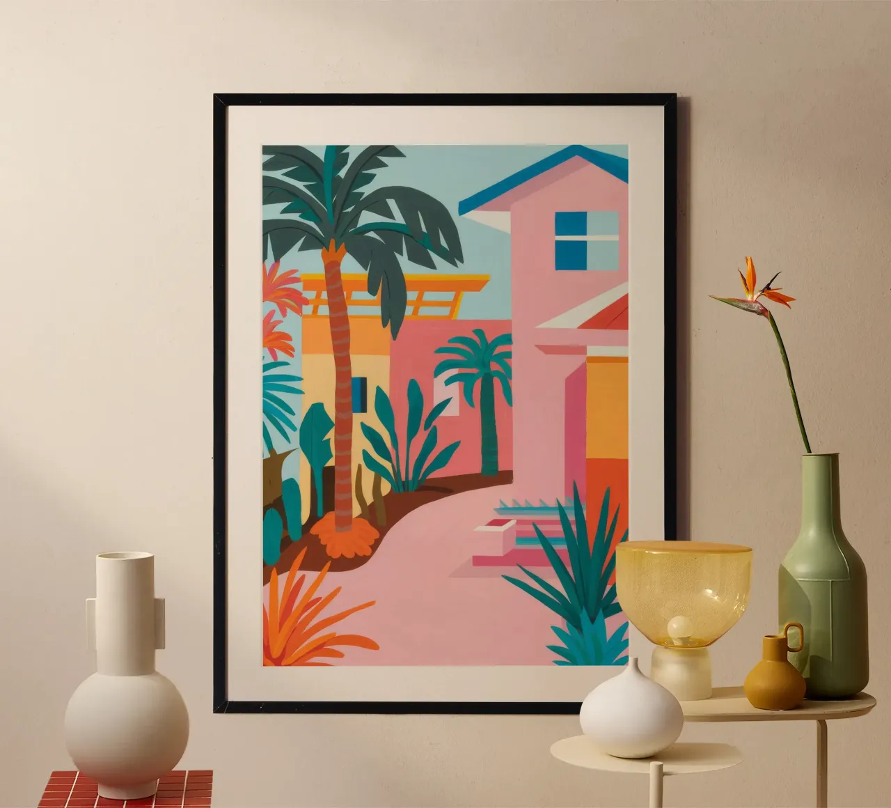 Passeggiata delle palme al tramonto poster con telaio in alluminio da Lumi Eyes