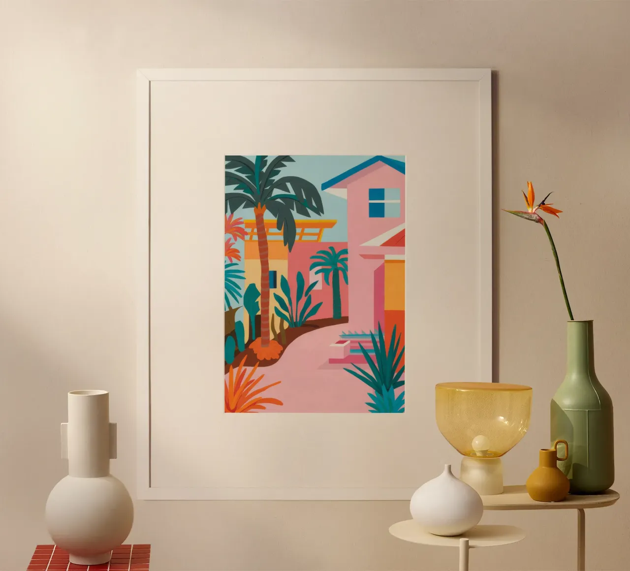 Passeggiata delle palme al tramonto poster con telaio in alluminio da Lumi Eyes