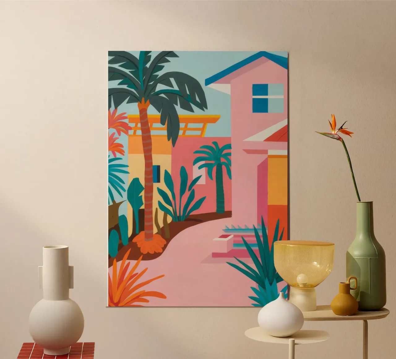 Passeggiata delle palme al tramonto poster con telaio in alluminio da Lumi Eyes