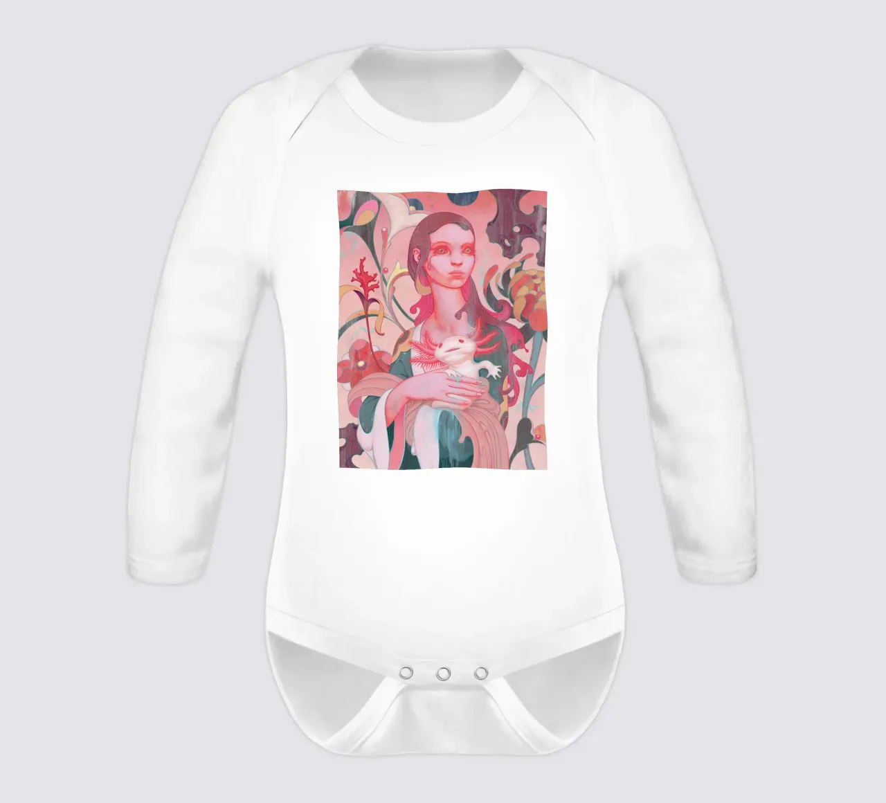 James Jean Lady with Axolotl long-sleeve baby romper by Kunzeworld