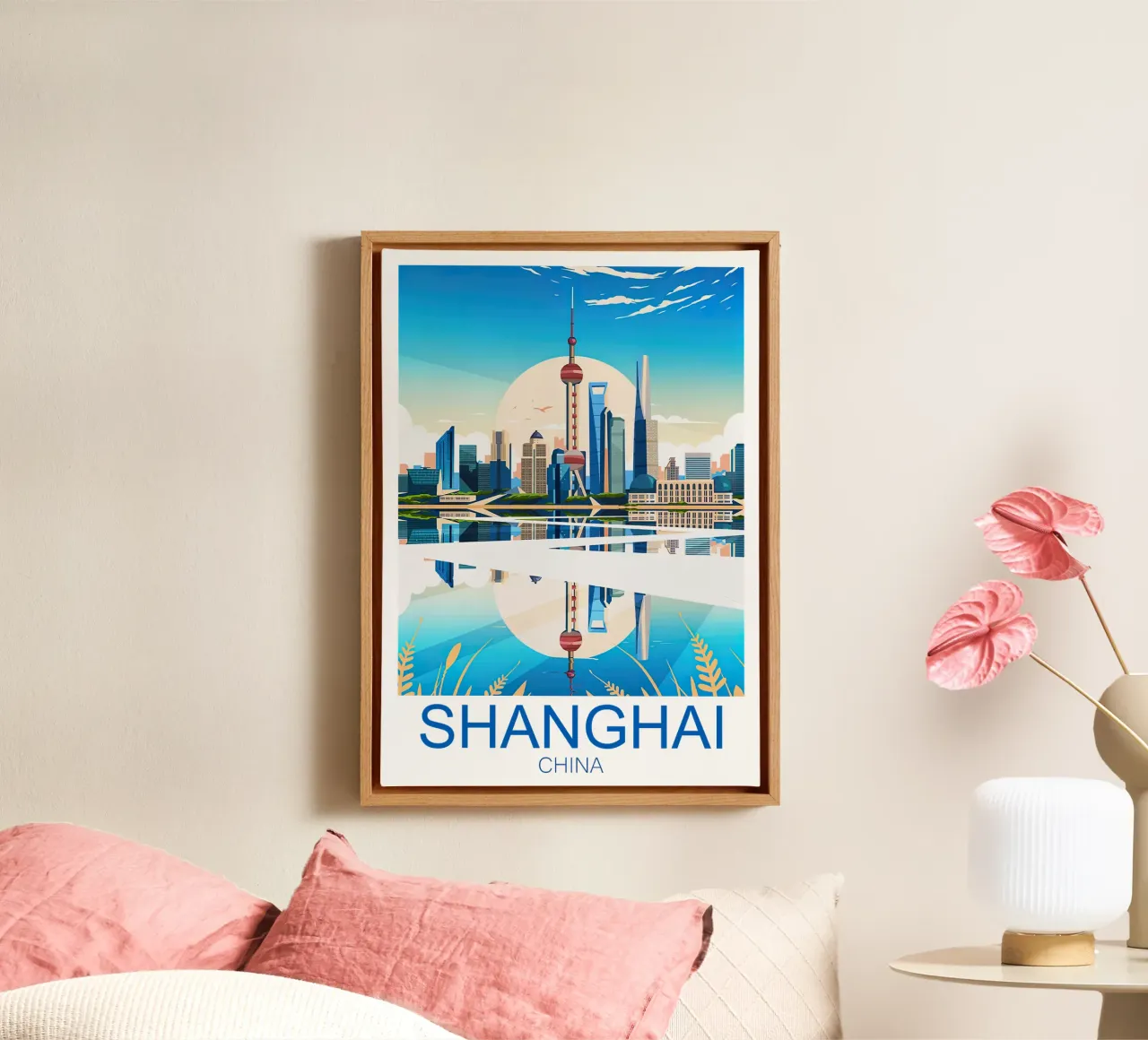 Reisprent Shanghai - China canvas met Baklijst van Liliestudio