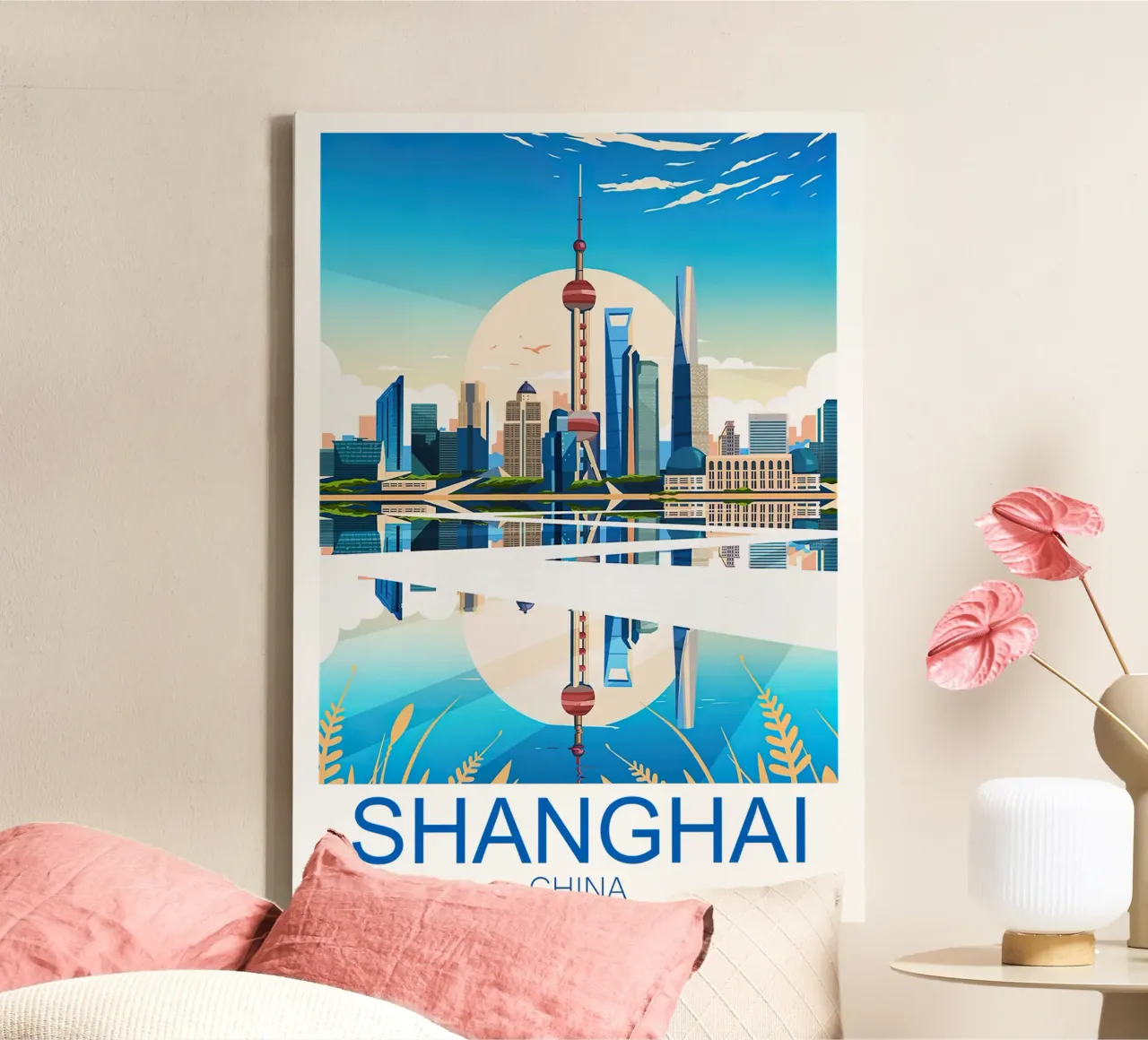 Reisprent Shanghai - China canvas met Baklijst van Liliestudio