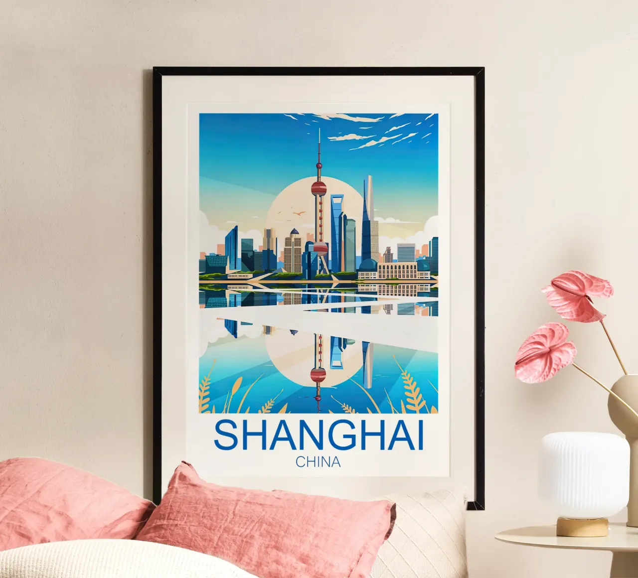 Stampa di viaggio su Shanghai - Cina poster con telaio in legno da Liliestudio