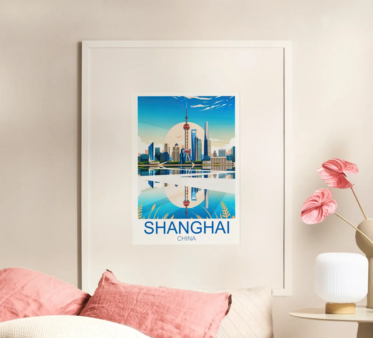 Stampa di viaggio su Shanghai - Cina poster con telaio in legno da Liliestudio