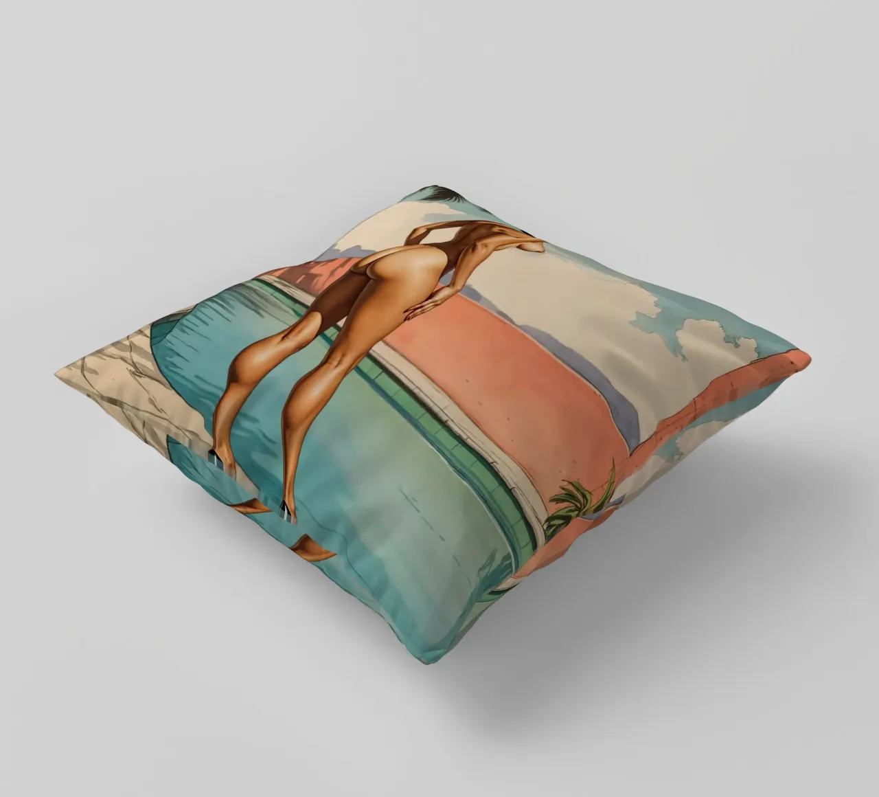 Retro Glamour by the Pool Vintage Pinup Illustration cuscino da Hecate Pim Designs