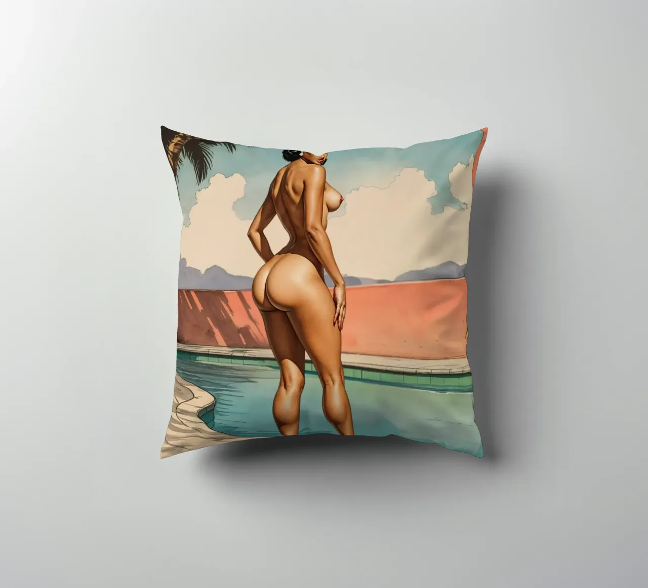 Retro Glamour by the Pool Vintage Pinup Illustration cuscino da Hecate Pim Designs