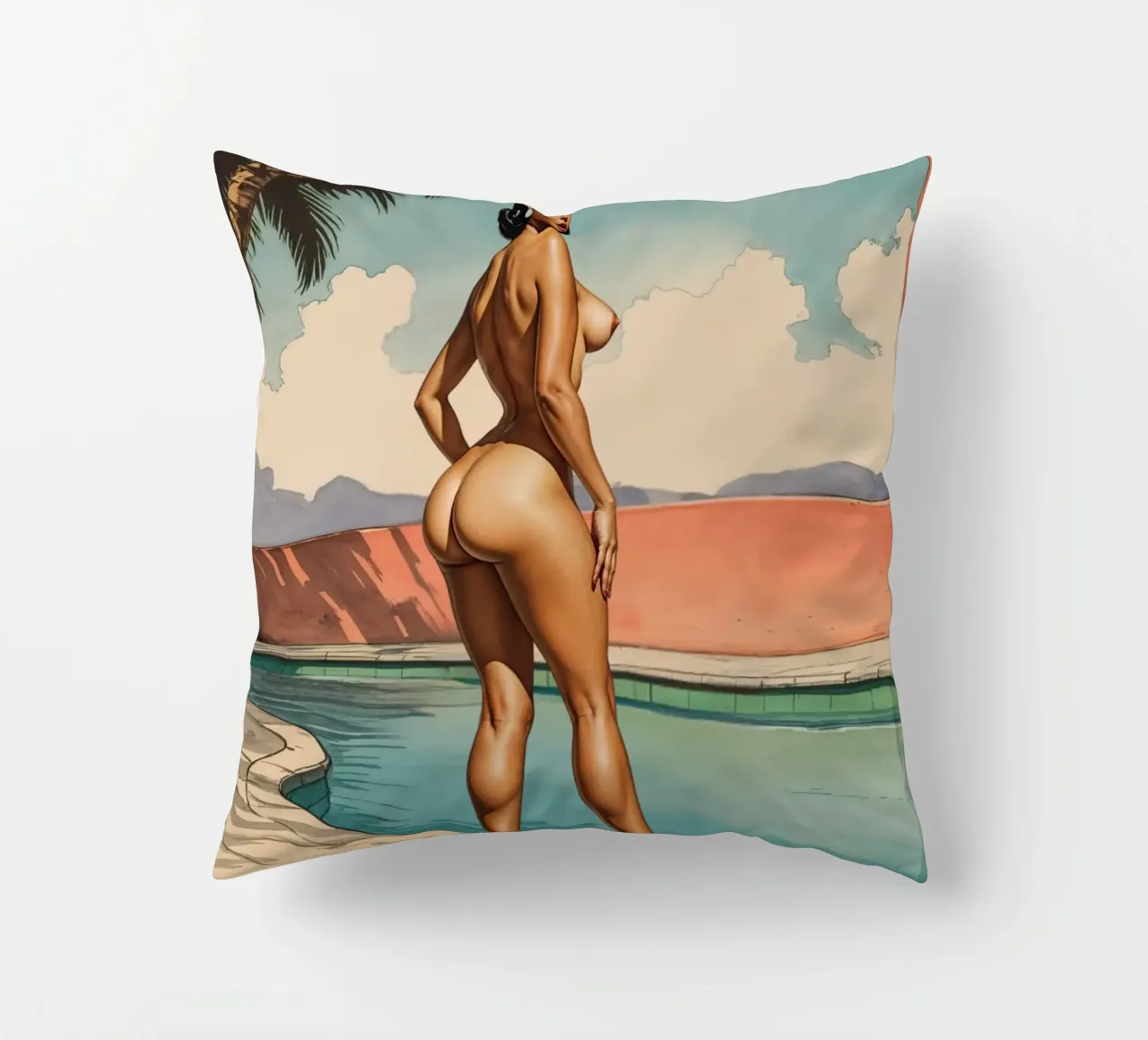 Retro Glamour by the Pool Vintage Pinup Illustration cuscino da Hecate Pim Designs