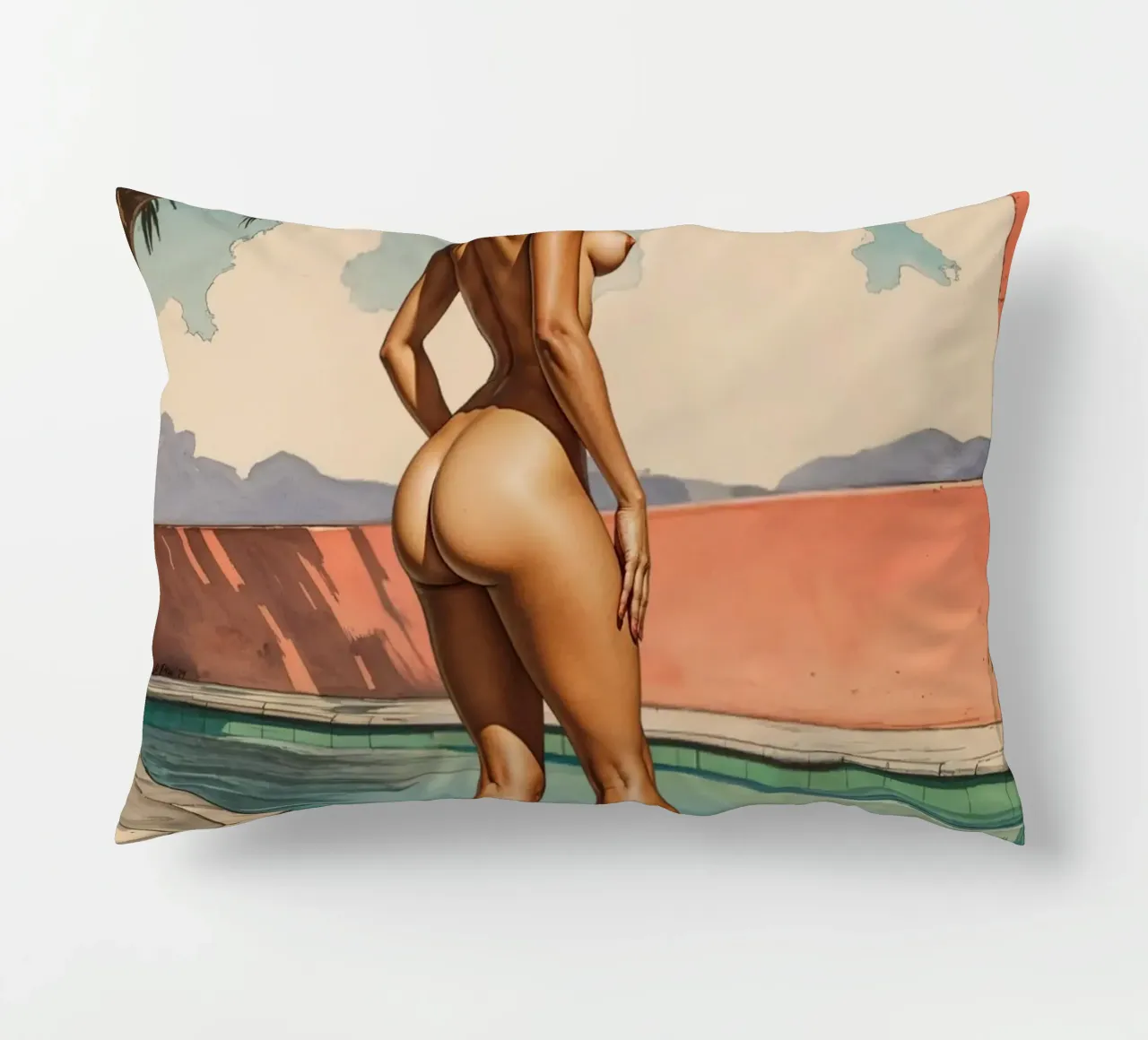 Retro Glamour by the Pool Vintage Pinup Illustration cuscino da Hecate Pim Designs