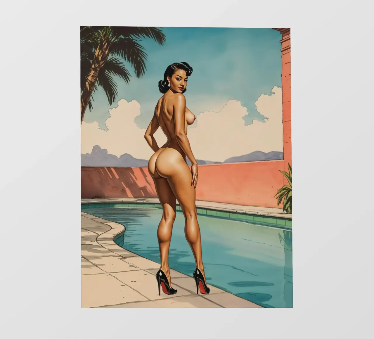 Retro Glamour by the Pool Vintage Pinup Illustration telo in pvc da Hecate Pim Designs