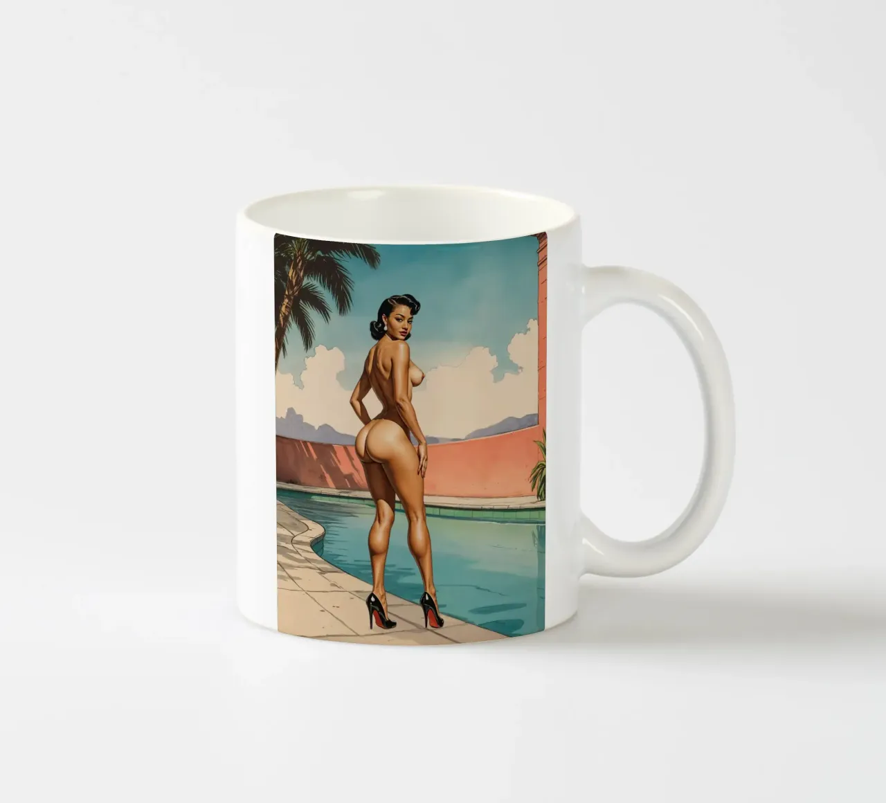 Retro Glamour by the Pool Vintage Pinup Illustration tazza in ceramica da Hecate Pim Designs
