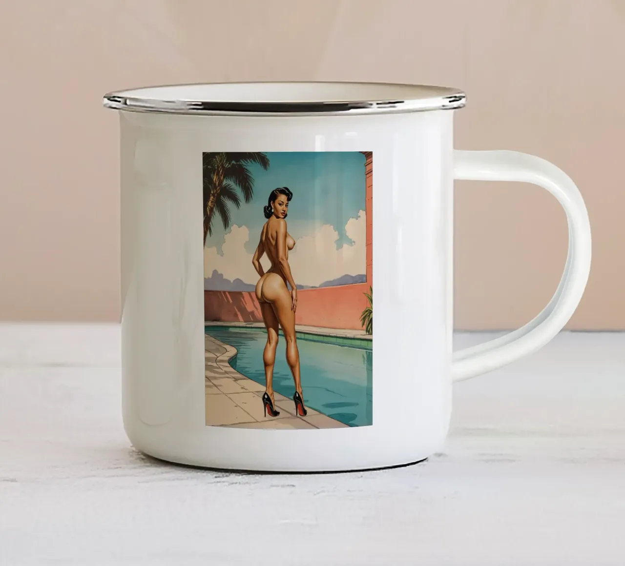 Retro Glamour by the Pool Vintage Pinup Illustration tazza in smalto da Hecate Pim Designs