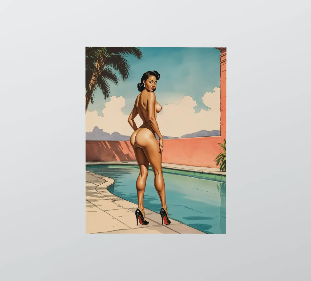 Retro Glamour by the Pool Vintage Pinup Illustration autocollant de Hecate Pim Designs