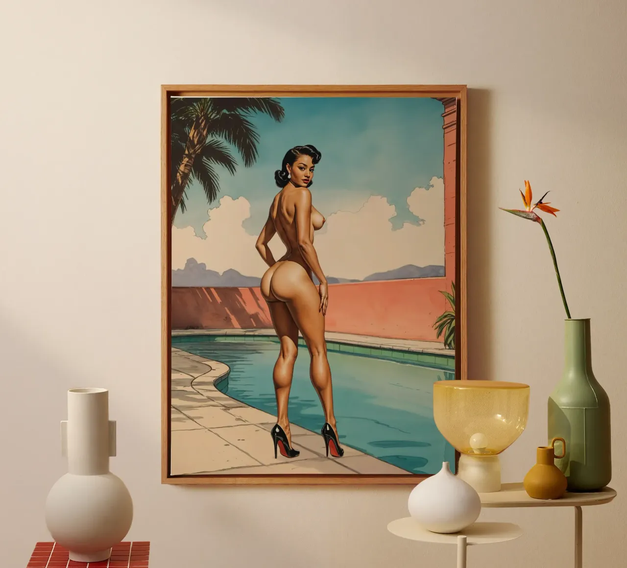 Retro Glamour by the Pool Vintage Pinup Illustration canvas met Baklijst van Hecate Pim Designs