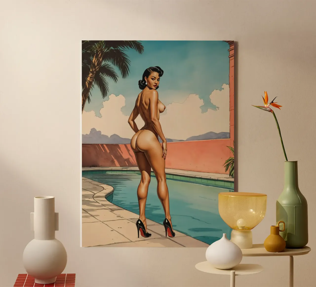 Retro Glamour by the Pool Vintage Pinup Illustration canvas met Baklijst van Hecate Pim Designs