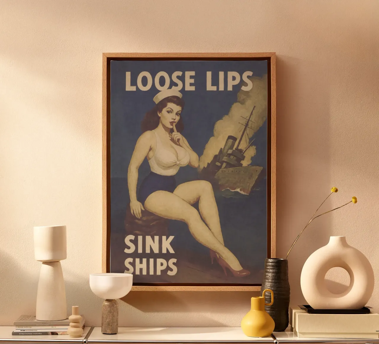 Loose Lips Sink Ships, Vintage Pinup Poster canvas with Floater frame by Hecate Pim Designs