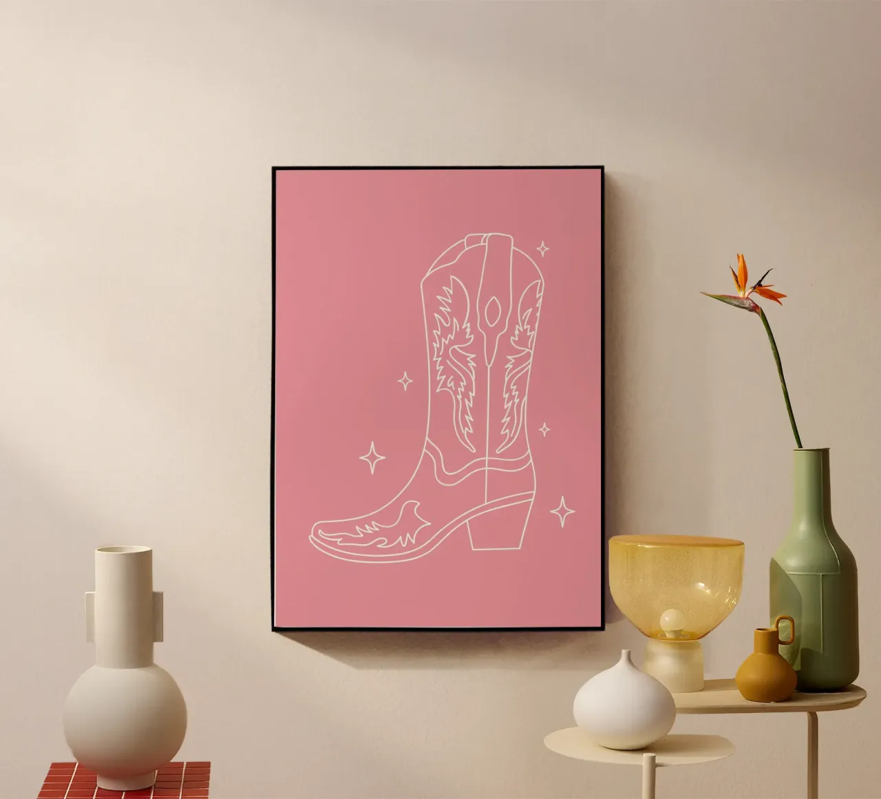 Ilustración minimalista de botas vaqueras Western en rosa metacrilato de pdigitalprints