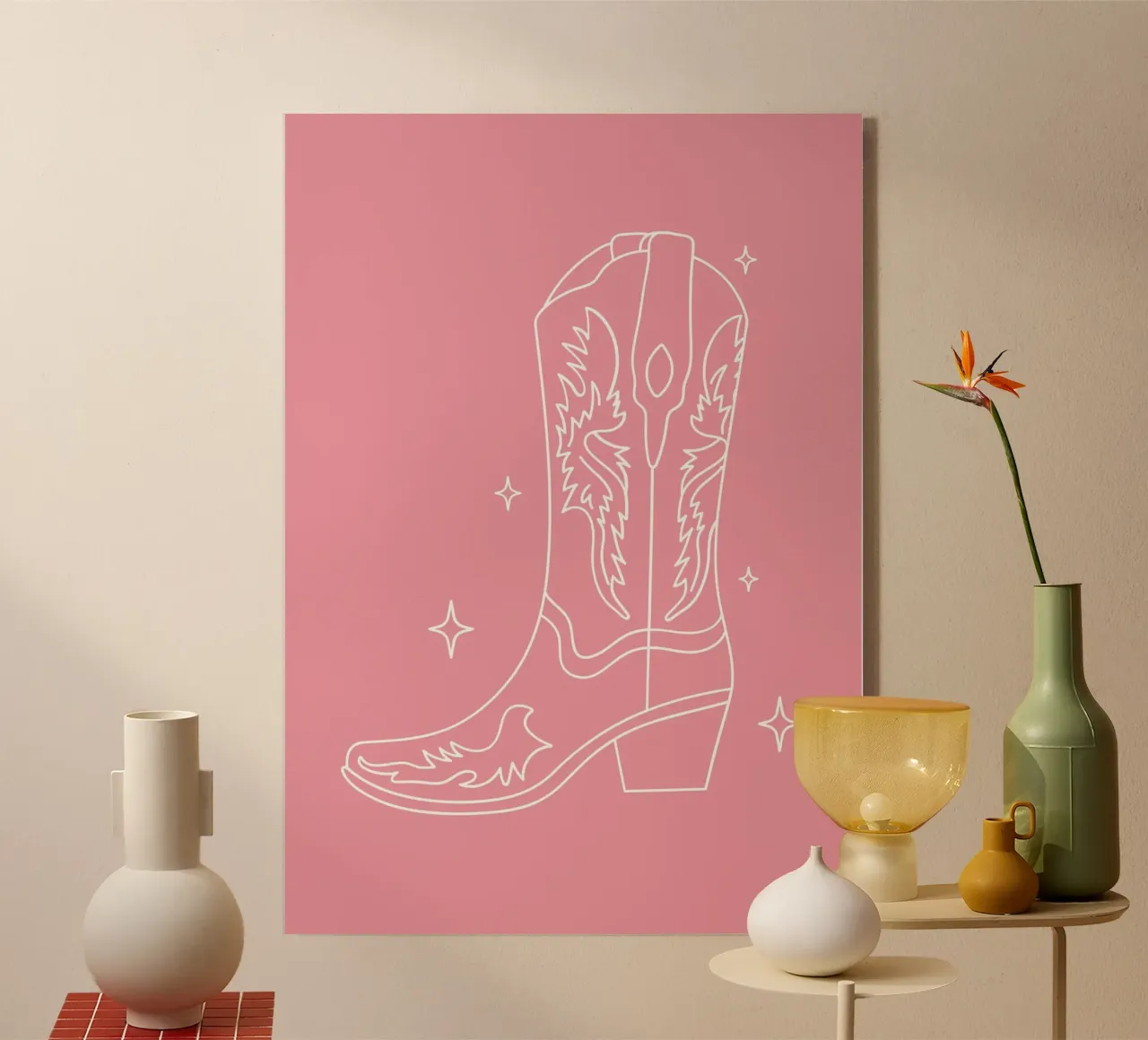 Ilustración minimalista de botas vaqueras Western en rosa metacrilato de pdigitalprints