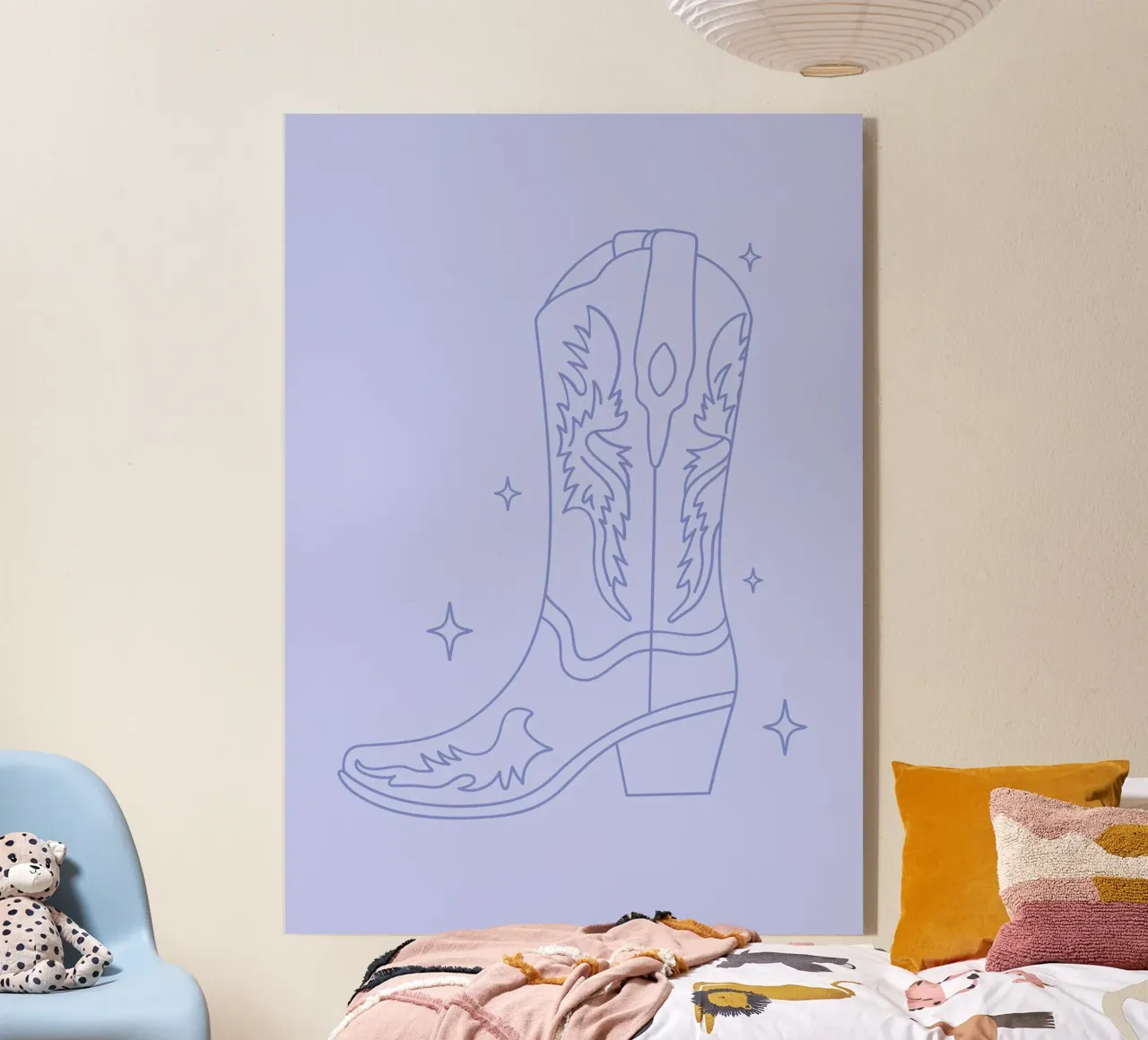 Ilustración minimalista de bota vaquera occidental en azul metacrilato de pdigitalprints