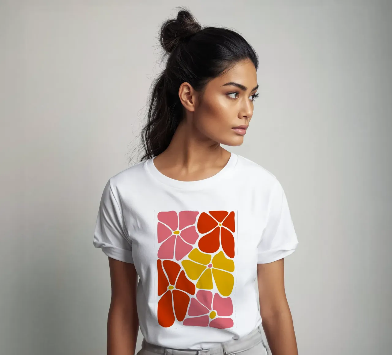 Audace astratto floreale retrò in rosso, rosa e giallo t-shirt da pdigitalprints