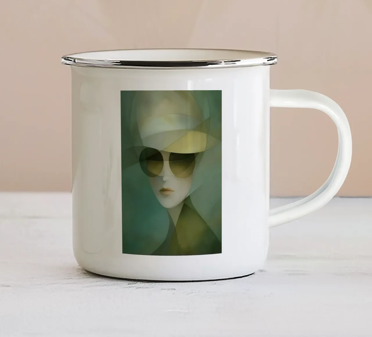 Ritratto astratto di donna con occhiali da sole tazza in smalto da Imagine