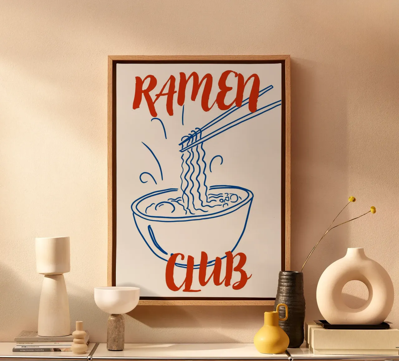 Illustrazione di una ciotola di ramen disegnata a mano con tipografia in grassetto tela con Cornice a cassetta da pdigitalprints
